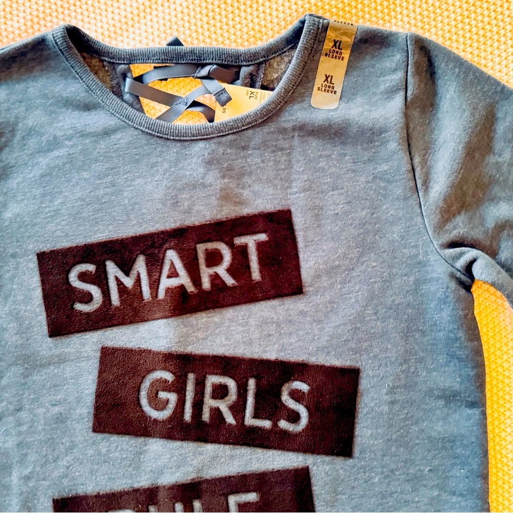 PLACE Girls Blue Sweatshirt w Velvet 'Smart Girls Rule' Graphic & Lace-Up Back - Picture 9 of 12